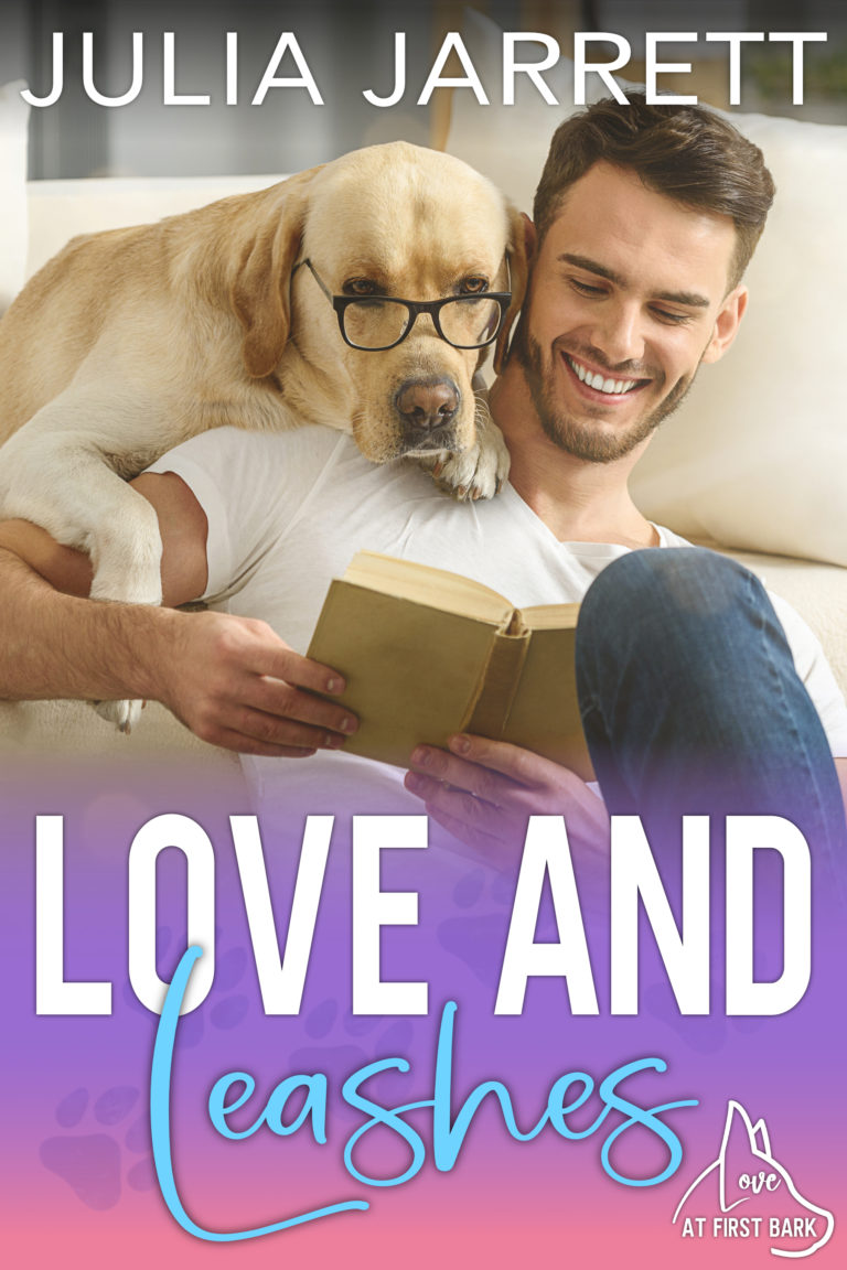 Love and Leashes (Dogwood Cove 4.5 Novella) by Julia Jarrett, man sitting in front of a couch reading a book with a golden lab with glasses reading over his shoulder.