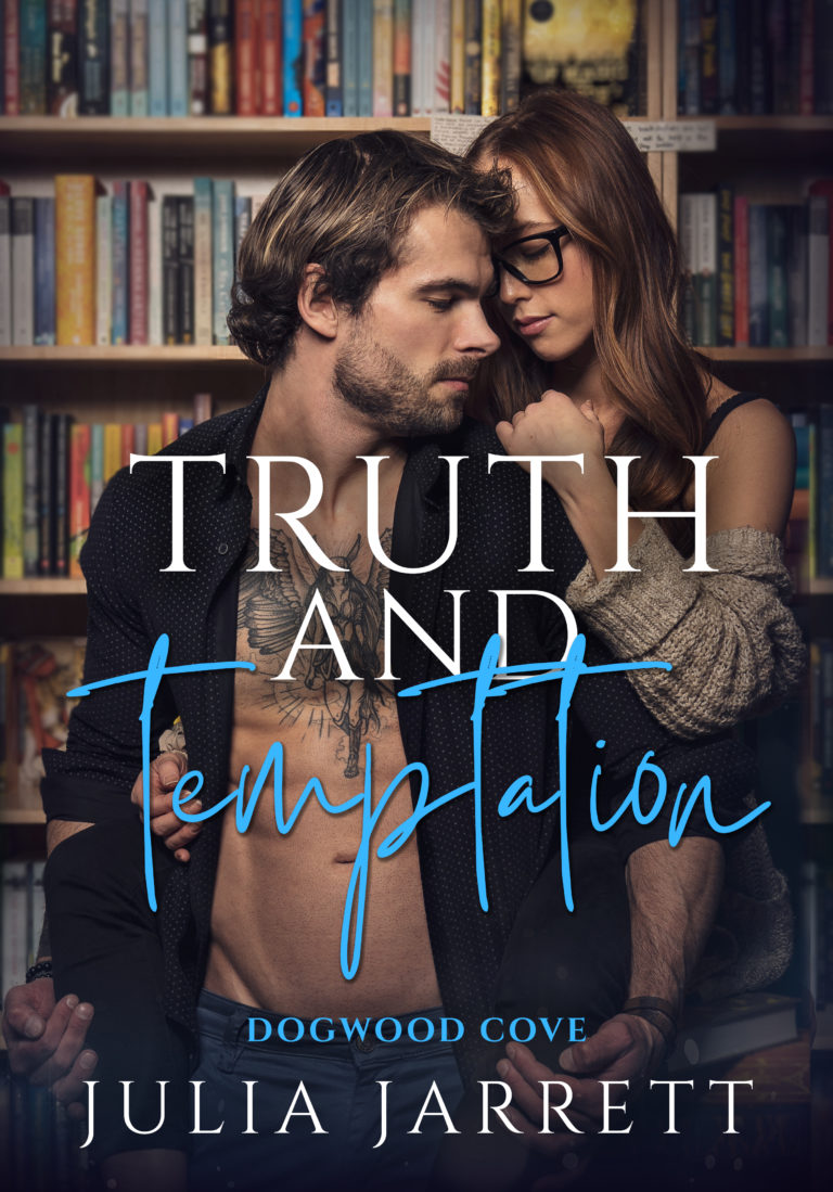 Man with open shirt showing his abs and woman with long hair and glasses snuggling up behind him leaning over his shoulder, the couple is in front of a book shelf. Truth and Temptation by Julia Jarrett.