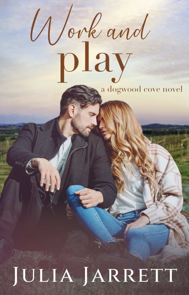 Couple sitting next to each other at a winery. Book title, Work and Play by Julia Jarrett.
