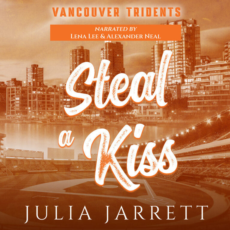 Cover has a city backdrop with a orange color. Book title is Fake the Game by Julia Jarrett. Narrated by Lena Lee and Alexander Neal