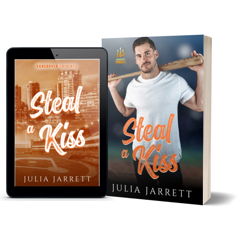ebook cover on the left has a city backdrop with an orange color. Paperback cover on the right has a man in a white t-shirt holding a baseball bat over his shoulders. Book title is Steal A Kiss by Julia Jarrett