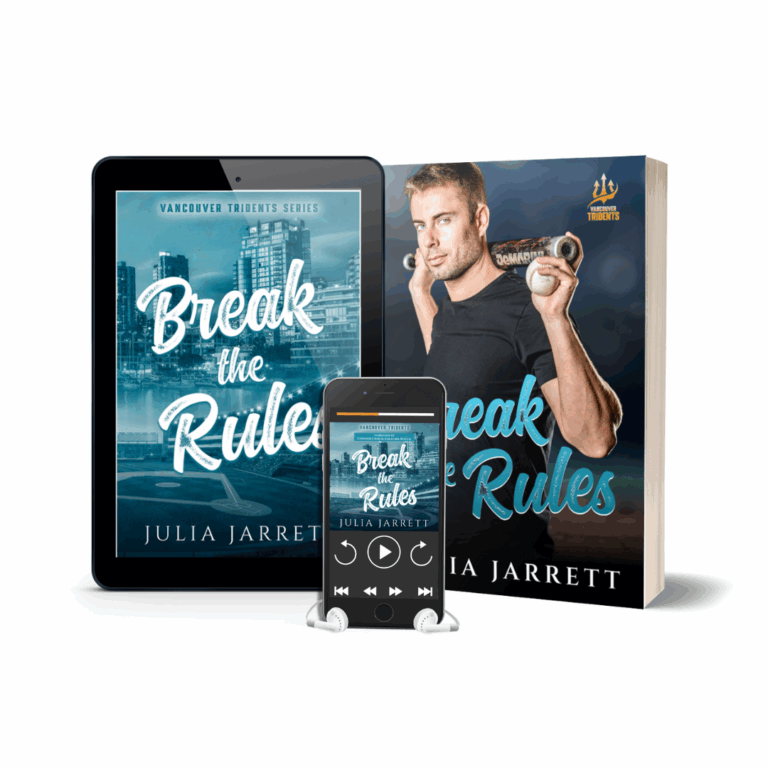 ebook cover on the left has a city backdrop with an teal color. Paperback cover on the right has a man in a black t-shirt holding a baseball bat and ball over his shoulders. cell phone showing audiobook in the middle. Book title is Break the Rules by Julia Jarrett