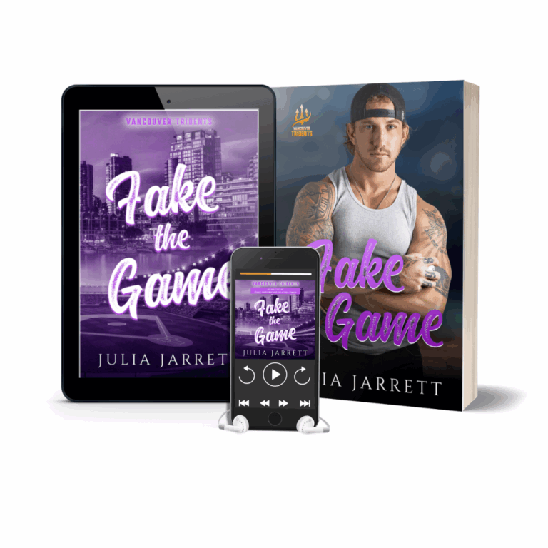 ebook cover on the left has a city backdrop with an Purple color. Paperback cover on the right has a man in a grey tank top with his arms folded. cell phone showing audiobook in the middle. Book title is Fake the Game by Julia Jarrett