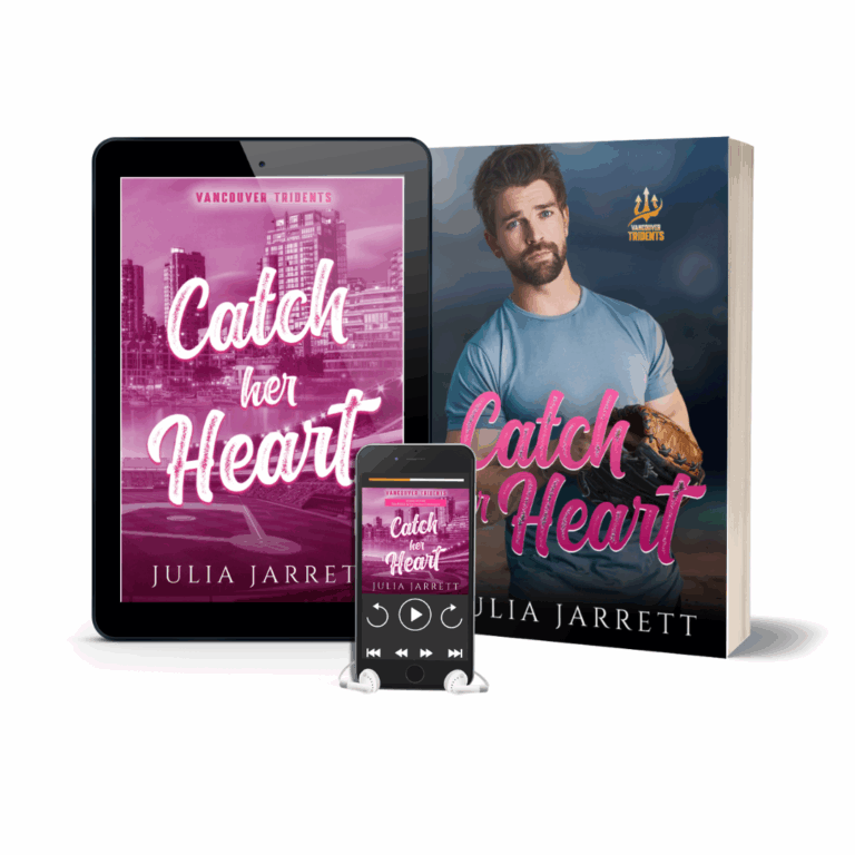 ebook cover on the left has a city backdrop with an pink color. Paperback cover on the right has a man in a blue t-shirt holding a baseball glove. cell phone showing audiobook in the middle. Book title is Catch Her Heart by Julia Jarrett