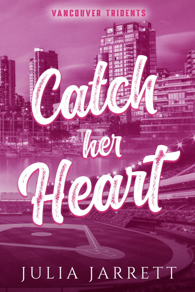 cover on the left has a city backdrop with a purple color. Book title Catch Her Heart by Julia Jarrett