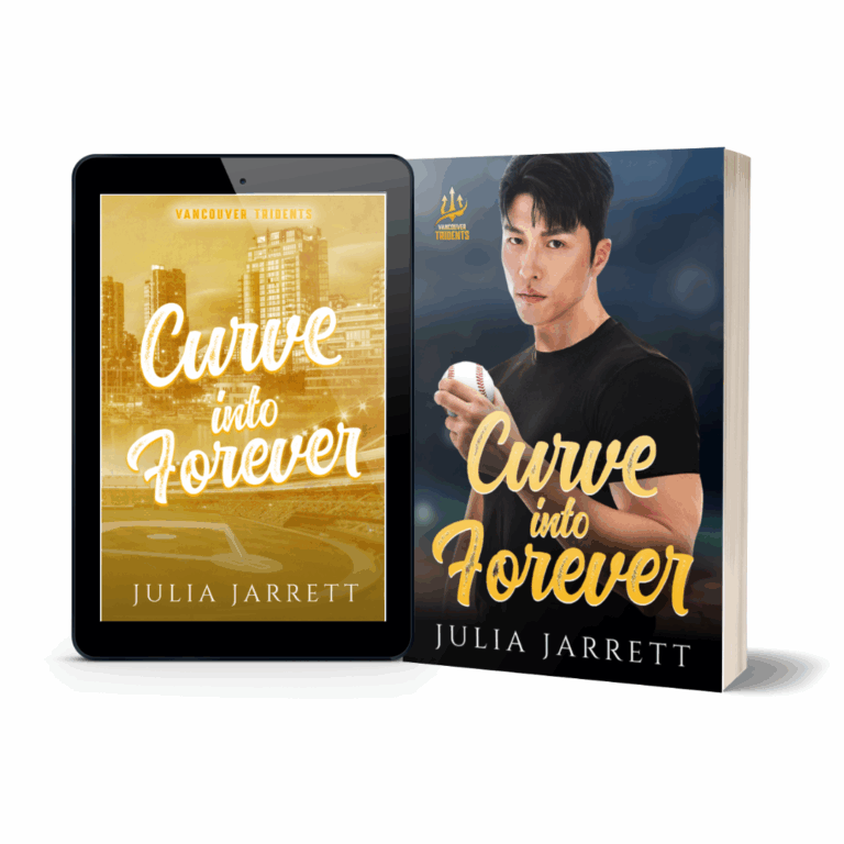 ebook cover on the left has a city backdrop with an yellow color. Paperback cover on the right has a man holding a baseball. Book title is Curve Into Forever by Julia Jarrett