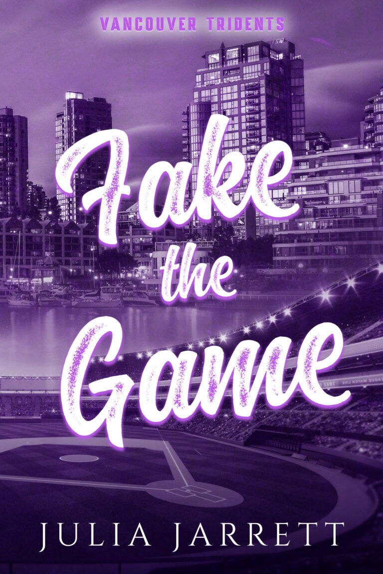 cover on the left has a city backdrop with a purple color. Book title Fake the Game by Julia Jarrett