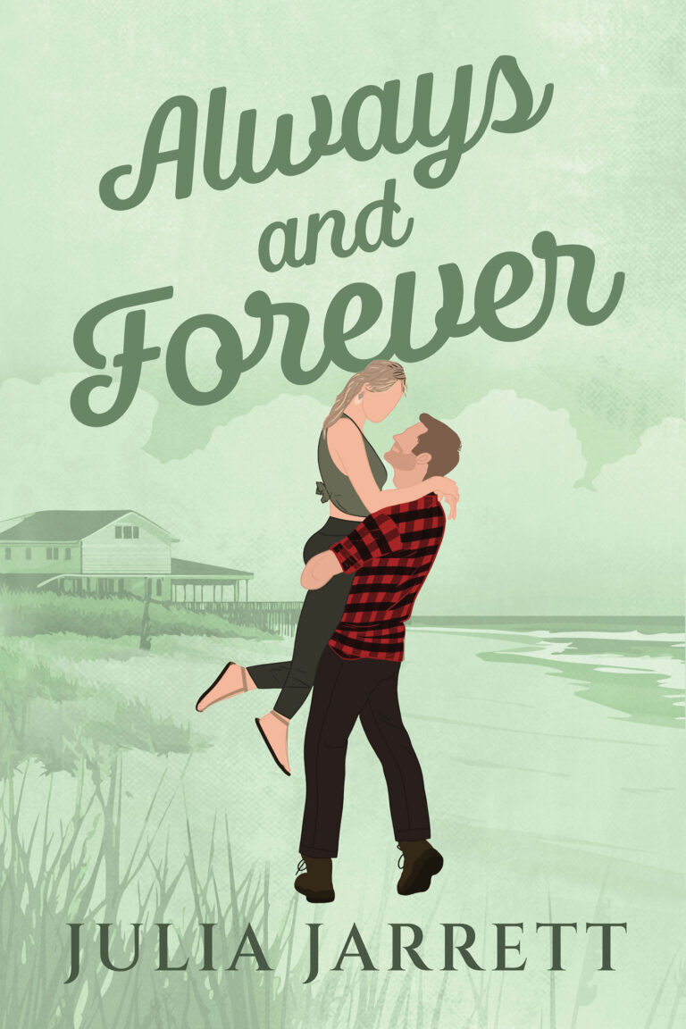 illustrated book cover with a coastal landscape in the background with a man in a flannel shirt lifting up a woman