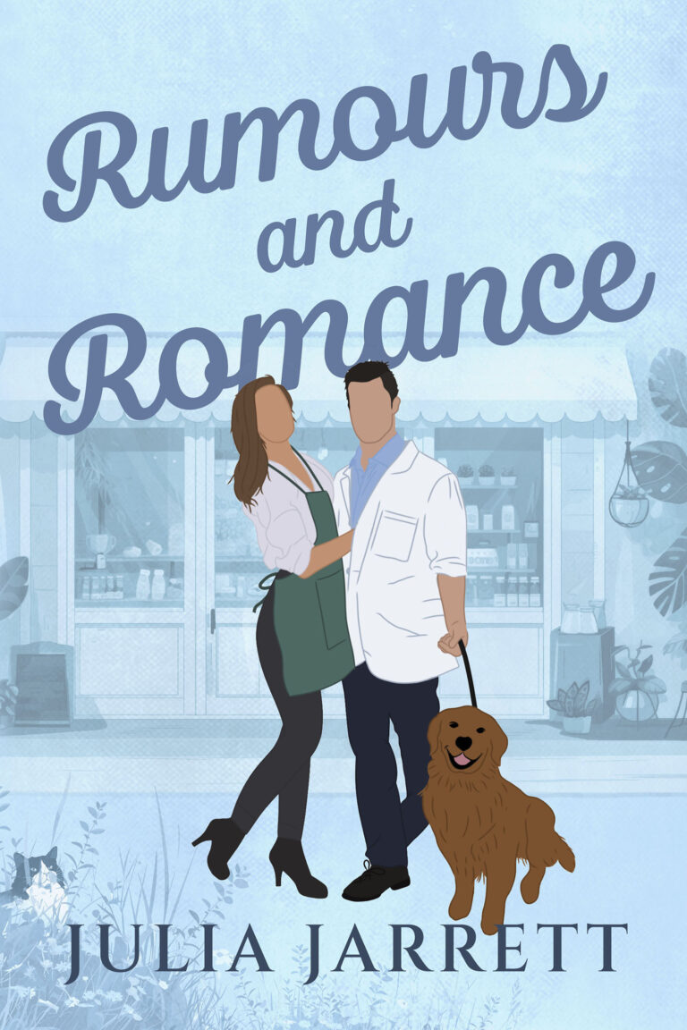 illustrated book cover with a background of a bakery, a male veterinary doctor holding the leash of a dog, with his arm around woman wearing an apron.
