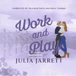 illustrated book cover with a background of a winery, a man wearing a hat backwards kissing a woman.