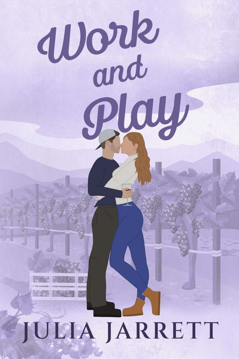 illustrated book cover with a background of a winery, a man wearing a hat backwards kissing a woman.
