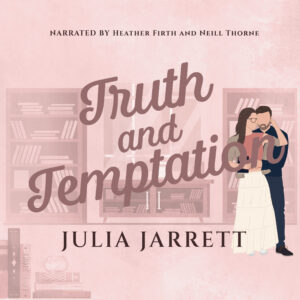 illustrated book cover with a background of a bookstore, a man in all black with his arms wrapped around a woman holding a book