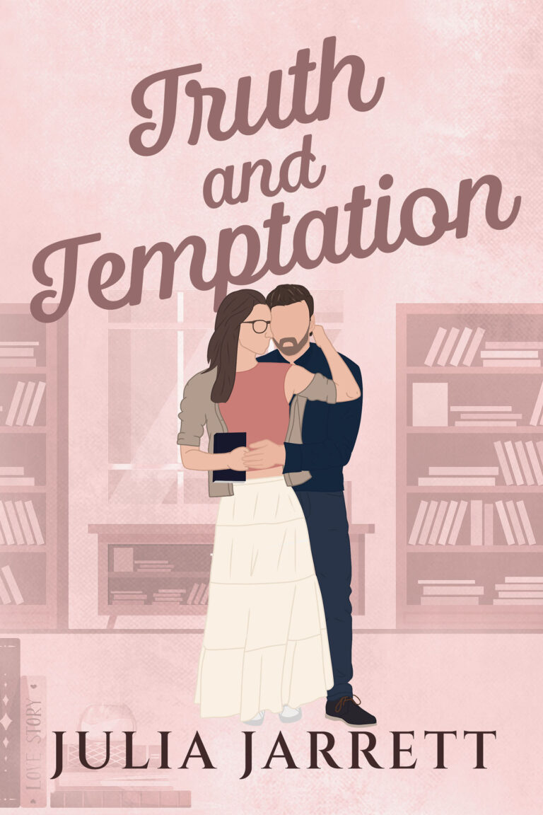 illustrated book cover with a background of a bookstore, a man in all black with his arms wrapped around a woman holding a book