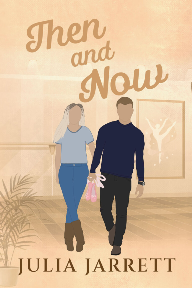 illustrated book cover with a background of a dance studio, a man holding the hand of a woman holding ballet shoes