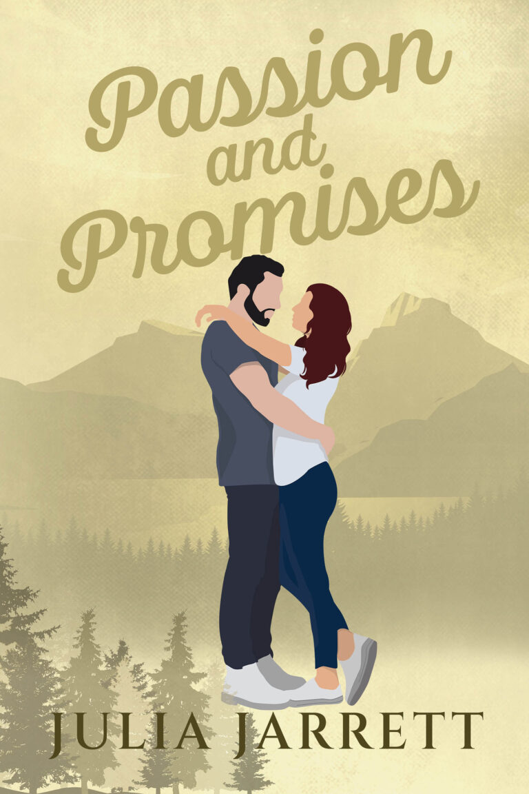 illustrated book cover with a background of a mountain landscape, a man that has a beard holding a woman