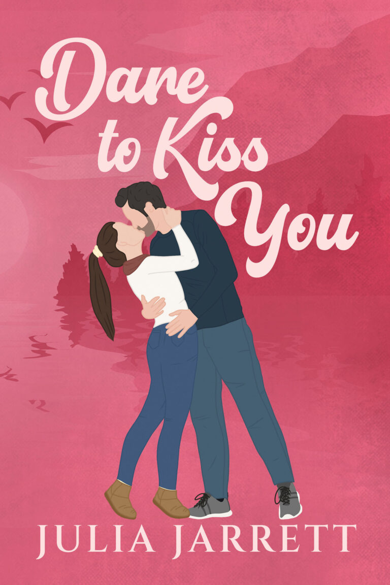 illustrated book cover with a background of a coastal mountain landscape, a man holding a woman and kissing her