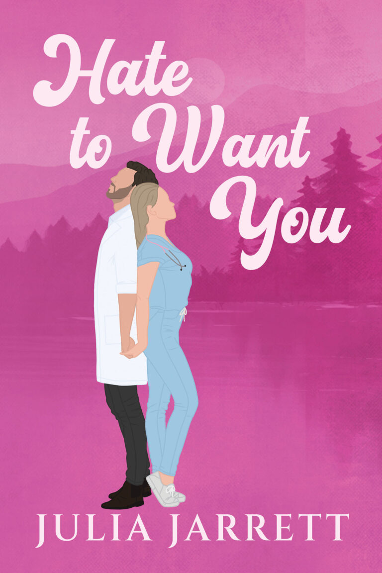 illustrated book cover with a background of a coastal mountain landscape, a man in a doctors coat and a woman in scrubs standing back to back