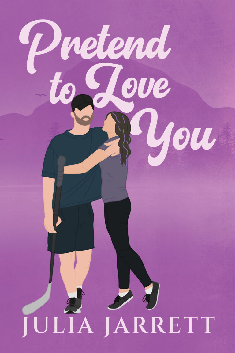 illustrated book cover with a background of a coastal mountain landscape, a man holding a hockey stick and a woman hugging him