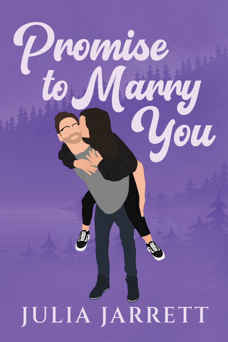 illustrated book cover with a background of a coastal mountain landscape, a man holding a woman on his back and the woman kissing his cheek