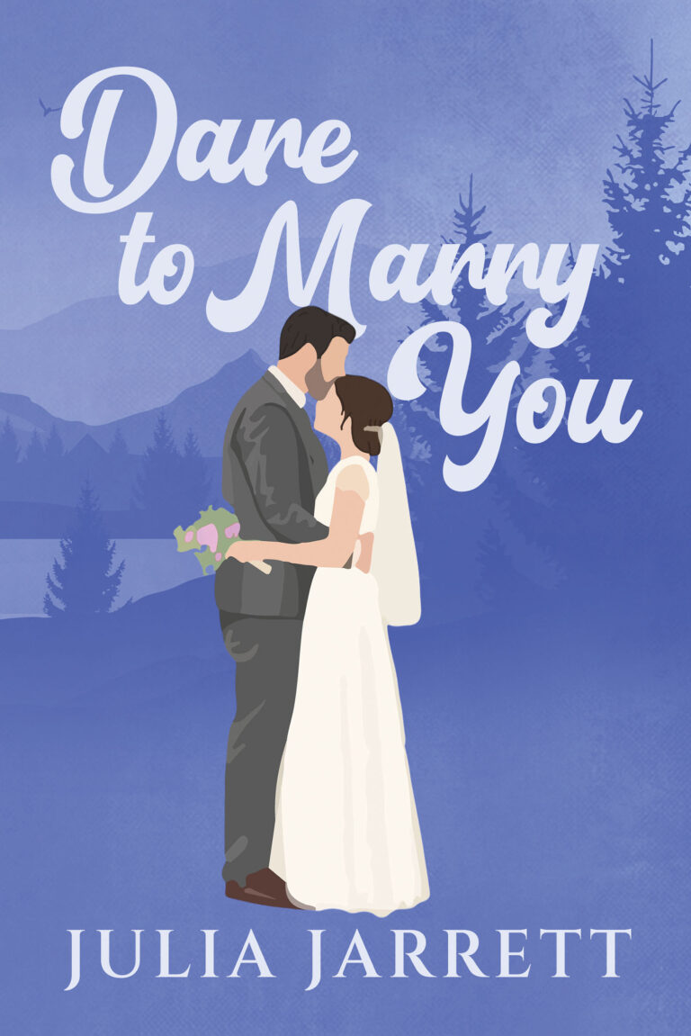 illustrated book cover with a background of a coastal mountain landscape, a man in a suit kissing the forehead of a woman in a wedding dress