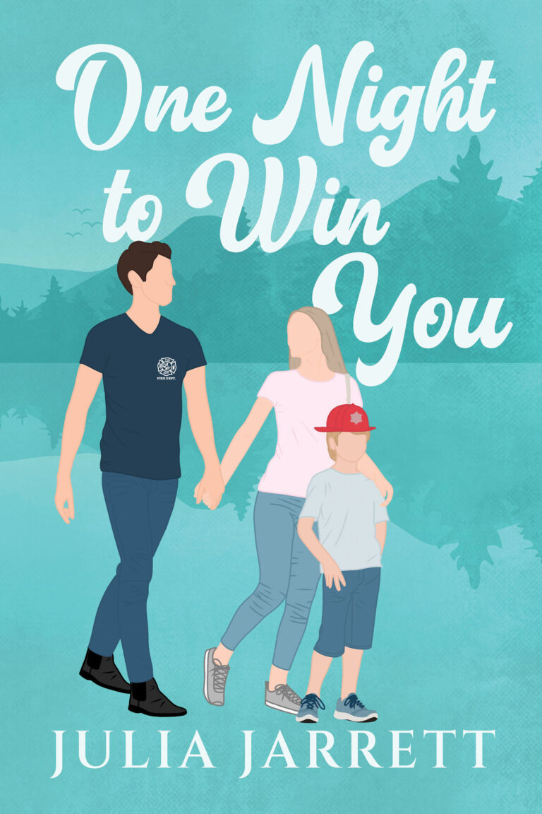 illustrated book cover with a background of a coastal mountain landscape, a man in a fire department shirt holding the hand of a woman who's son is standing near them