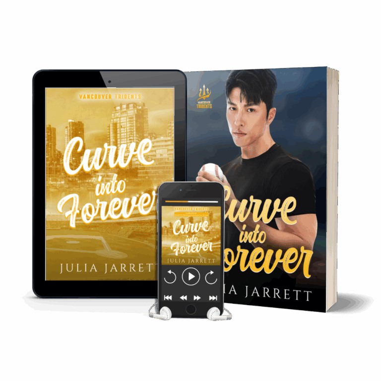 ebook cover on the left has a city backdrop with an yellow color. Paperback cover on the right has a man holding a baseball. cell phone showing audiobook in the middle. Book title is Curve Into Forever by Julia Jarrett