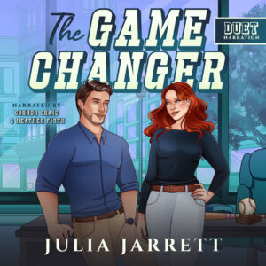 cover for The Game Changer audiobook by Julia Jarrett, Cedar Creek thunder book one. Man and women in office at baseball stadium.