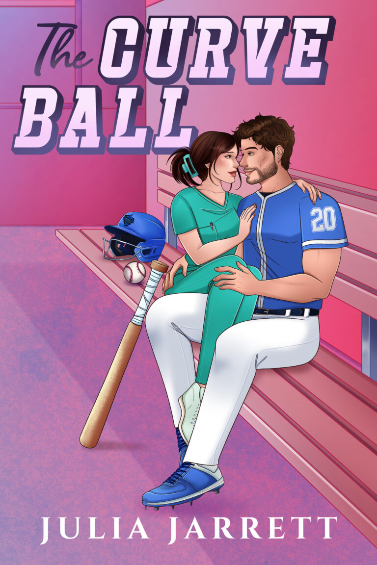 The Curveball by Julia Jarrett. ilustration of man in baseball uniform sitting in the dugout with a woman in scrubs sitting on his lap