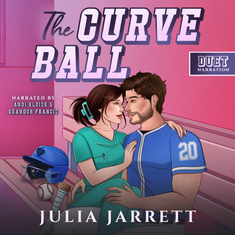 cover for The Curveball audiobook by Julia Jarrett, Cedar Creek Thunder book two. Baseball planner sitting in the dugout with a woman in scrubs sitting on his lap