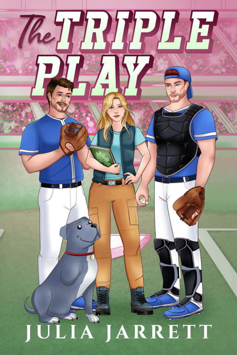 The Triple Play by Julia Jarrett. ilustration of two men in baseball uniform standing by home plate. A woman in a field gear and holding a notebook standing in between them with a three-legged dog sitting in front of her.